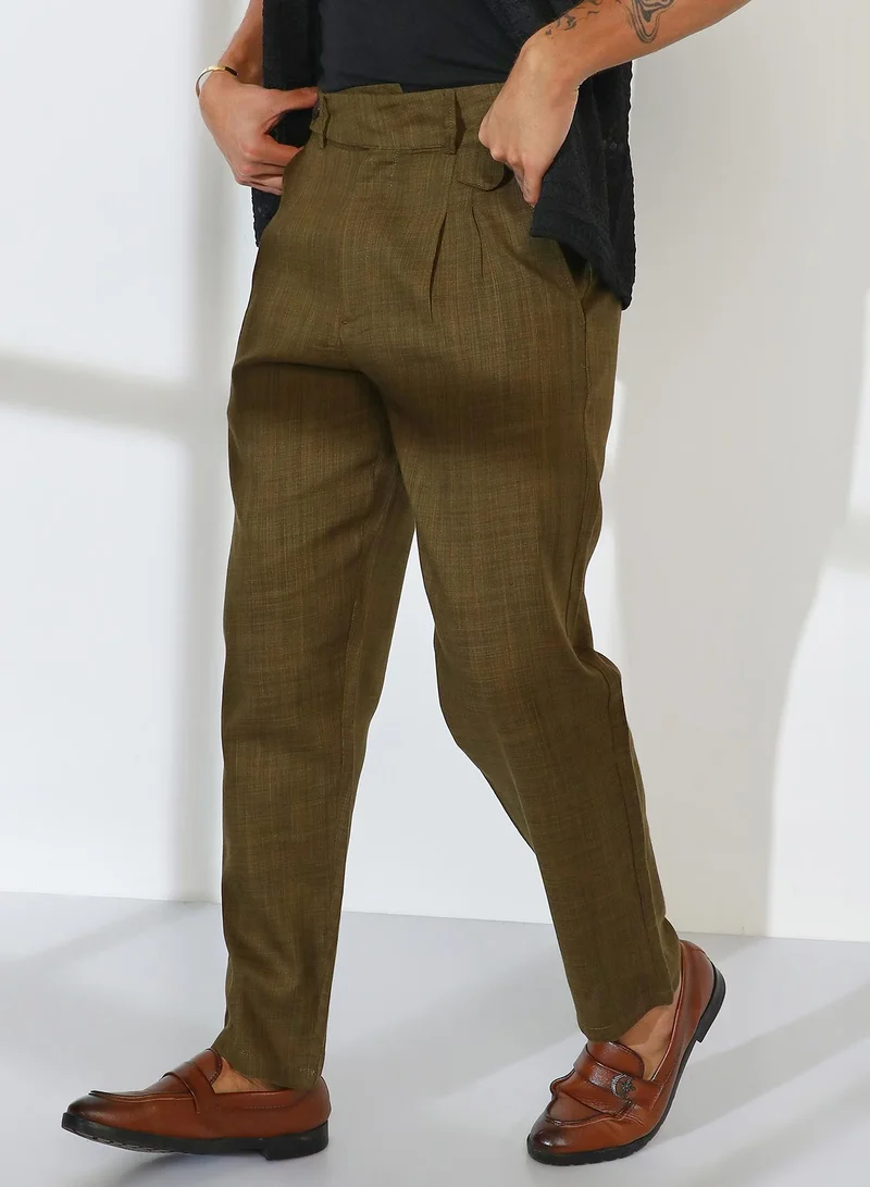 Men's Moss Green Tailored Linen-Blend Trousers For Casual Wear | Mid-Rise | 2 Pockets | Button Closure | Trousers Crafted With Comfort Fit For Everyday Wear